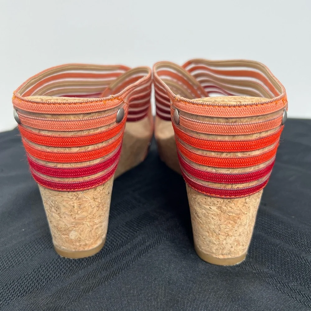 Lucky Brand Wedge Miller Cork Orange/Red Stripe Mesh Sandal 3 3/4 Inch Heel Sz 8